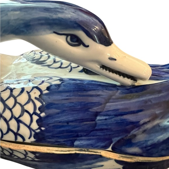 Vintage Blue & White Porcelain Swan Trinket Box | Cobalt Ceramic Covered Dish - Picture 7 of 7